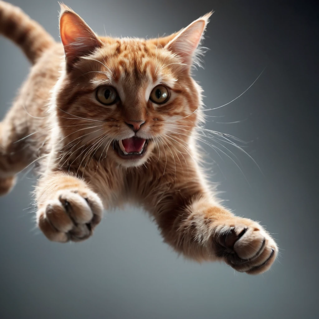 Ultra detailed macro photography capturing the risp movement of a cat, on cue, using a paw to showcase its power in a mid-air leap, close-up, paw unleashed, sharp claws unsheathed, advancing forward,Motion Blur,  the hazy motion of the background  blurred for a sense of unleashed energy, Miki Asai, close-up technique, rendered in Unreal Engine for a photorealistic ,High Quality, Masterpiece. best quality, super detail, Motion Blur background.