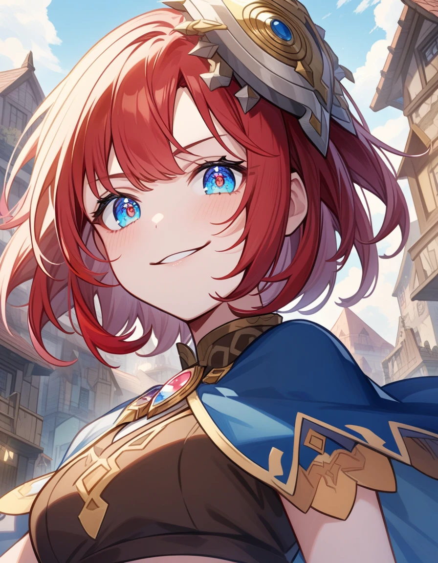 (absurdres, highres, ultra detailed), 1women, gorgeous teen women character from pc game Ragnarok Online, pastel colors, detailed red hair with detailed ornaments on head , detailed short hair, anime eyes, bangs, detailed warlock clothes with blue cape with little blue details showing, showing on creases, crop top, finely detailed eyes yellow details showing and detailed face, smirk face, dimples, extremely detailed CG unity 8k wallpaper, red details on side, intricate details yellow details on left, portrait, ruin of pink roses, market theme, showing lot of skin, from below, 1:1 , eyes on viewer, detailed houses town scenery background