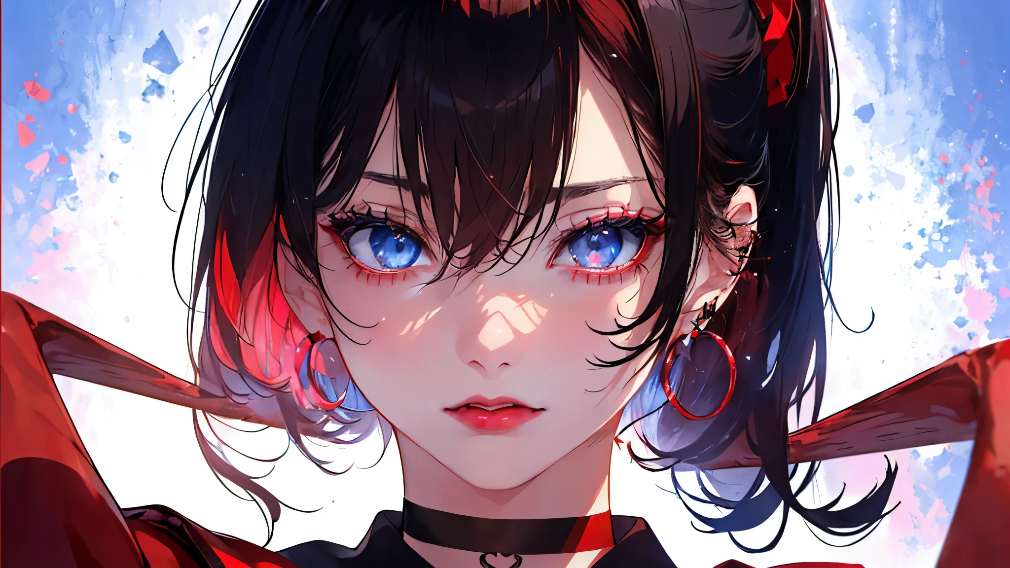 glaring、Blue eyes, Black Hair、short hair、Clear Eyes, choker, Torn、silver pubic hair catches my eye,Bright red background、((Red background)), 1 female, 22 years ago, Whole Body Ezbian,Big and ample breasts, anger, (Scarlet Hair), Long Hair, (Natural skin texture vivid details, Surreal, (Realistic eyes, Natural skin texture, Realistic facial details), Soft and dramatic lighting, Written boundary depth, Bokeh, vivid details, Surreal,lipstick, ear piercing, eye shadow, Hoop Earrings, red pink lips, multicolored red eyes,Beautiful Eyes,((Bold Pose))、Strike a Pose,upper ponytail,drooping bangs,Droopy eyes、((school uniform))、((high school girl)),Raise your arm、((Raise your fist))