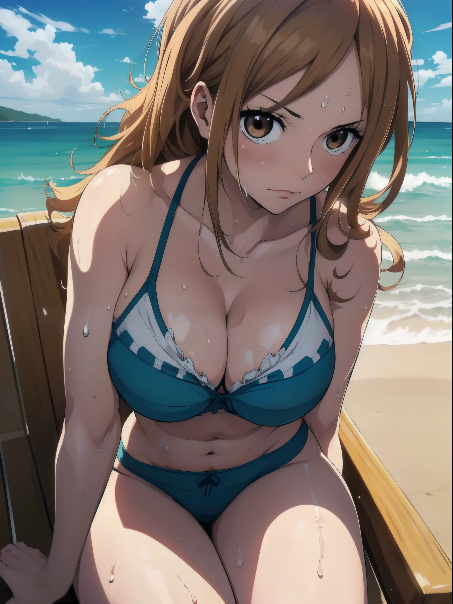 (masterpiece), (best quality), (ultra-detailed), (extremely detailed cg), (a extremely delicate), (perfect lighting), (8k), (dynamic angle), (sharp image), vibrant colors, female, masterpiece, best quality, depth of field, cinematic lighting, masterpiece, best quality, ultra-detailed, colorful, vibrant, large breasts, thighs, mature female, solo, (masterpiece, best quality, high resolution, animescreencap, anime colored,), (perfect anatomy, beautiful detailed eyes, beautiful detailed body, beautiful breast, shiny skin),(best quality, 4k, 8k, highres, masterpiece:1.2), ultra-detailed, and (realistic, photorealistic, photo-realistic:1.37) rendering. HDR, UHD, studio lighting, ultra-fine painting, sharp focus, physically-based rendering, extreme detail description, professional, vivid colors, and bokeh,the sexy anime woman is sitting outside, white laced bra, white laced panties, nami(one piece), 1girl,long hair,light brown hair, brown eyes, anime eyes, medium breasts,((sweaty body)) , ((wet skin)), very wet skin, shy expression, blushing,body abs, outdoors, seaside, beach sand, blue skies, sunlight, arms behind head, sweaty armpits, super wet skin, show both armpits, erotic pose, erotic pose, looking at viewer, left arm tattoo, legs open,sitting, pov eye contact, shiny legs, beach chair