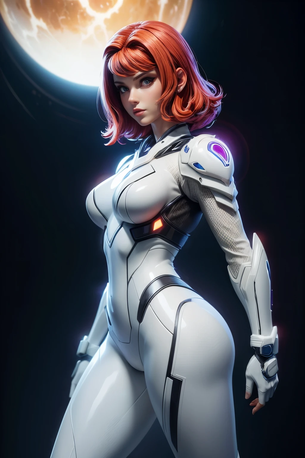 Scarlett Johansson on an alien planet, pelo rizado rojo brillante, Aesthetics of the female body, glowing cyber armor, inserciones de color blanco brillante y naranja en la armadura, white plastic liners, shiny plastic armor pieces, huge plastic shoulder pads, muchos detalles, aparatos de espionaje colgados en la armadura, Glowing neon clues on the armor., super detail, luz nocturna tenue, ambiente acogedor, pose heroica, comic superhero, calidad 4K