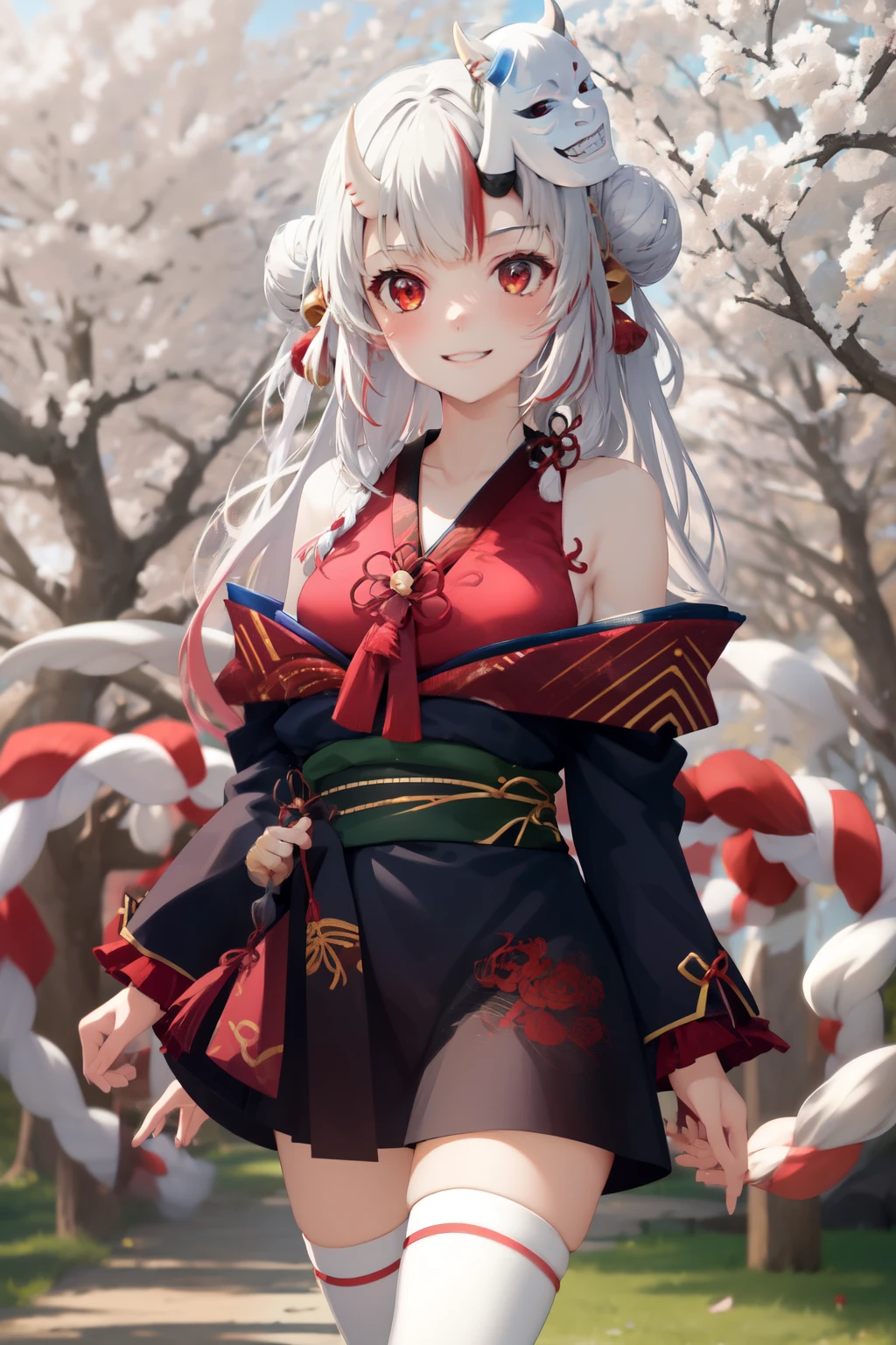 masterpiece, best quality, absurdres, perfect ???????, 1girl, solo, Nakiri Ayame, long hair, double bun, AyameBase, black kimono, hair bell, obi, white thighhighs, bare shoulders, long sleeves, oni mask, mask on head, outdoors, standing, sakura tree, arms behind back, smile