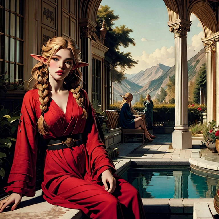 1 female elf sitting on a rock in a garden, expressive scene, outside, appearance of the female elf, blonde hair, hair with long braids, elf ears, blue eyes, round face, small flat ???????, wearing a silk outfit elegant
