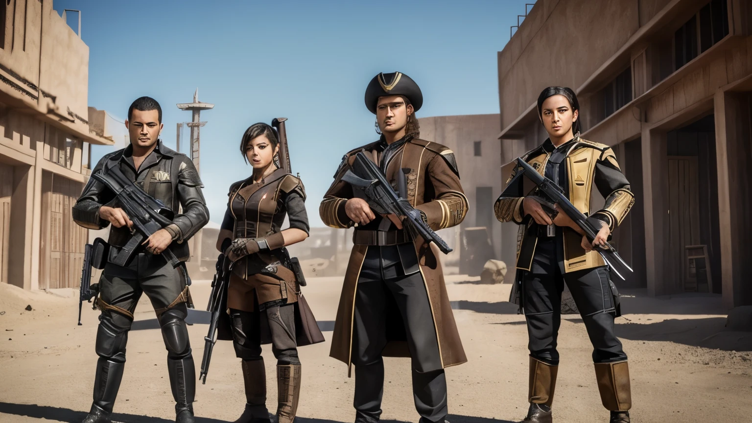 photo of 4 people : A mixed-race male sheriff wielding a revolver and flintlock pistol with Tactical Gear. A female sheriff also wielding a revolver and flintlock pistol with Tactical Gear. A muscular scientist with unique appearance and gadgets. A nerdy repairwoman with tools. Set them in a bustling desert city with steam-powered factories and clockwork gadgets. Position them ready for combat side by side. Inspired by Valkryia Chronicles and Final Fantasy.
