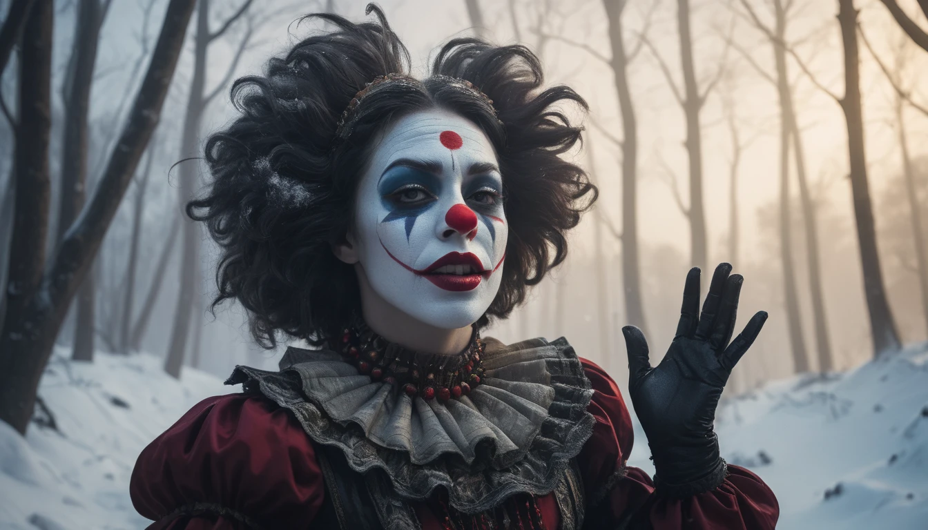 Commercial photography of a beautiful woman clown with mouth opened wide dancing with arms outstretched on a snow covered hill (foggy:1.2), silhouetted in soft shadow, clowns hiding behind trees peaking their heads out to spy on us. (photograph:1.2) , uhd photorealisitc authentic psychotic angry madman wearing ornate clown costume and intricate voodoo makeup, shoulders, intricate details, vivid colors, frightening surroundings, correct details, in the style of amano, karol bak, akira toriyama, and greg rutkowski , perfect composition, beautiful detailed intricate insanely detailed octane render trending on artstation, 8 k artistic photography, photorealistic concept art, soft natural volumetric cinematic perfect light, chiaroscuro, award - winning photograph, masterpiece, oil on canvas, raphael, caravaggio, greg rutkowski, beeple, beksinski, giger, perfect composition, beautiful detailed intricate insanely detailed octane render trending on artstation, 8 k artistic photography, photorealistic concept art, soft natural volumetric cinematic perfect light, chiaroscuro, award - winning photograph, masterpiece, oil on canvas, raphael, caravaggio, greg rutkowski, beeple, beksinski, giger, (beautiful supermodel:1.1) resting her head on her hands detailed background bokeh