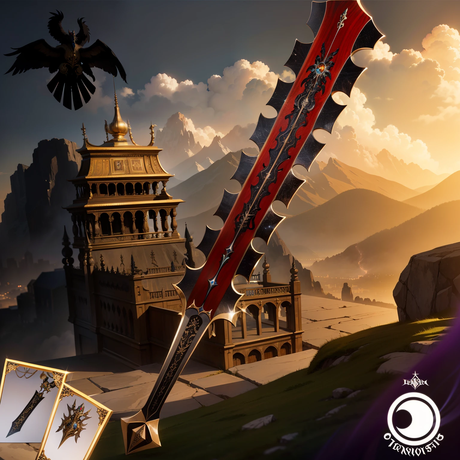 um close de uma espada com um desenho vermelho e preto, macuahuitl, arte conceitual de runicas, imagem detalhada, Immaculate and epic scale, steel sword, baroque cursed with ebony inlay, "O gigachadinho supremo, equipe draconiana, “titan of erebos, legendary sword of technology, atmosfera vermelha tribal, Nave espacial asteca gigante