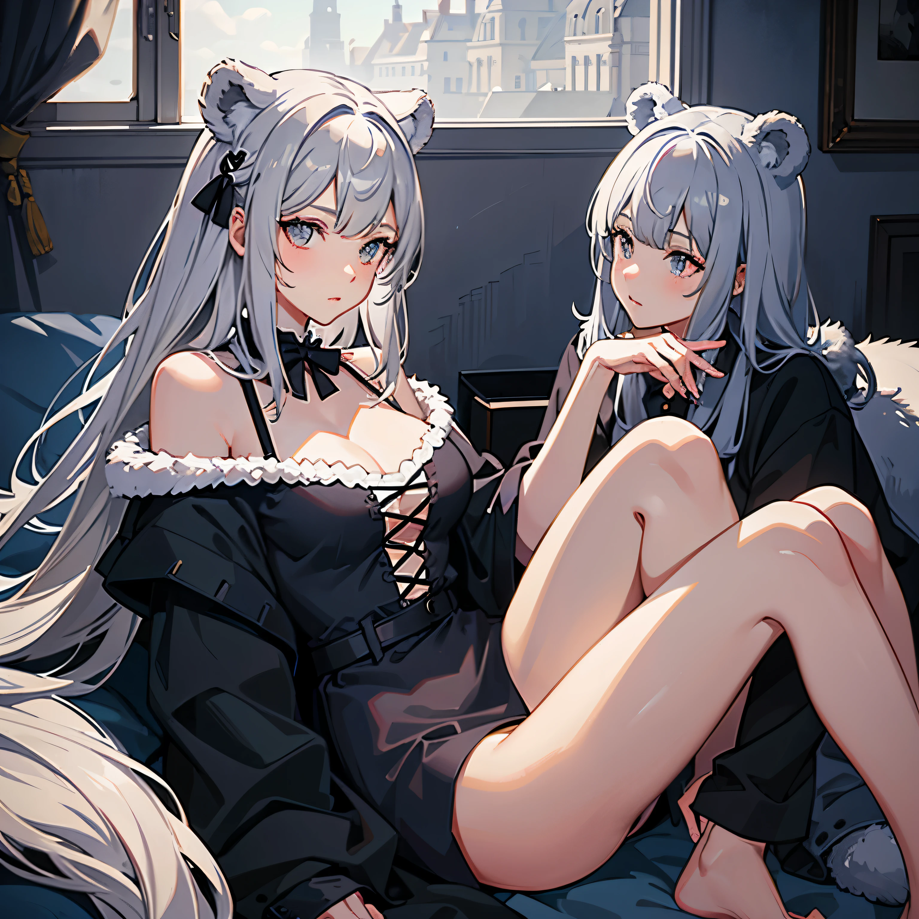 A charming character with chin-length gray hair and bear ears, paired with a fluffy girl bear tail. The artwork should capture every detail in a masterpiece, with high resolution and high quality rendition. HDR, UHD, studio lighting, ultra-fine painting, sharp focus, and physically-based rendering enhance the visuals. The bear's eyes should be intricately detailed, with rounded shapes and expressive, vivid colors. The scene is atmospheric, featuring clean lines, muted tones, and an emphasis on the soft, dreamy light and shadow created by the studio lighting. The character's outfit is not specified in the prompt, leaving room for creativity.