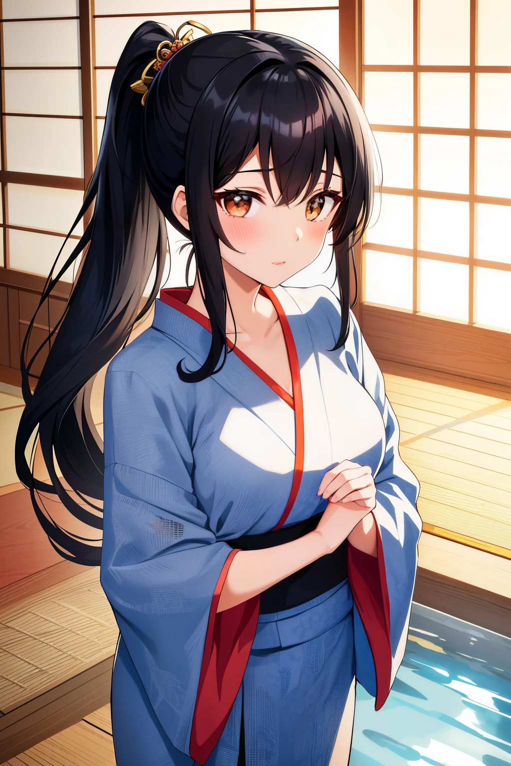 Illustration of a charming anime-style high school girl, featuring long black hair tied up in a stylish ponytail. She dons a trendy yukata, adorned with a contemporary pattern. After basking in the bath's warm embrace, her glossy, supple skin shines. The chest opens modestly to reveal a peek of the collarbone. The  girl harbors a sense of discovery, as evident in her captivating expression, which exudes surprise and curiosity. With her hands clasped in front of her, she radiates a slight shyness and modest demeanor. The background presents the cozy and contemporary interior of a modern Japanese inn,