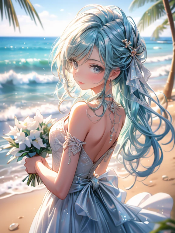 (((cowboyshot, 1girl , solo))):1.2, (best quality, highres,masterpiece:1.2, 8k, ultra-details:1.2, photorealistic:1.37), cute girl in bright and sunny sandy beach wedding, pure white swimware that resembles a wedding dress, bangs, beautiful ultra-delicate (face, eyes, lips, clothes), ((holding a bouquet tightly)), crystal clear turquoise water, white sandy beach, tropical palm trees swaying in the gentle breeze, providing shade, happily expressions on the faces of the bride, sparkling diamond ring on the bride's finger, soft golden sunlight creating a warm and romantic atmosphere, romantic beach decorations with shells and flowers, intricate lace details on the swimware, bride surrounded by loved ones, clear blue sky with fluffy white clouds, refreshing sea breeze caressing everyone's skin, sounds of laughter and happiness filling the air, the gentle sound of waves crashing on the shore.