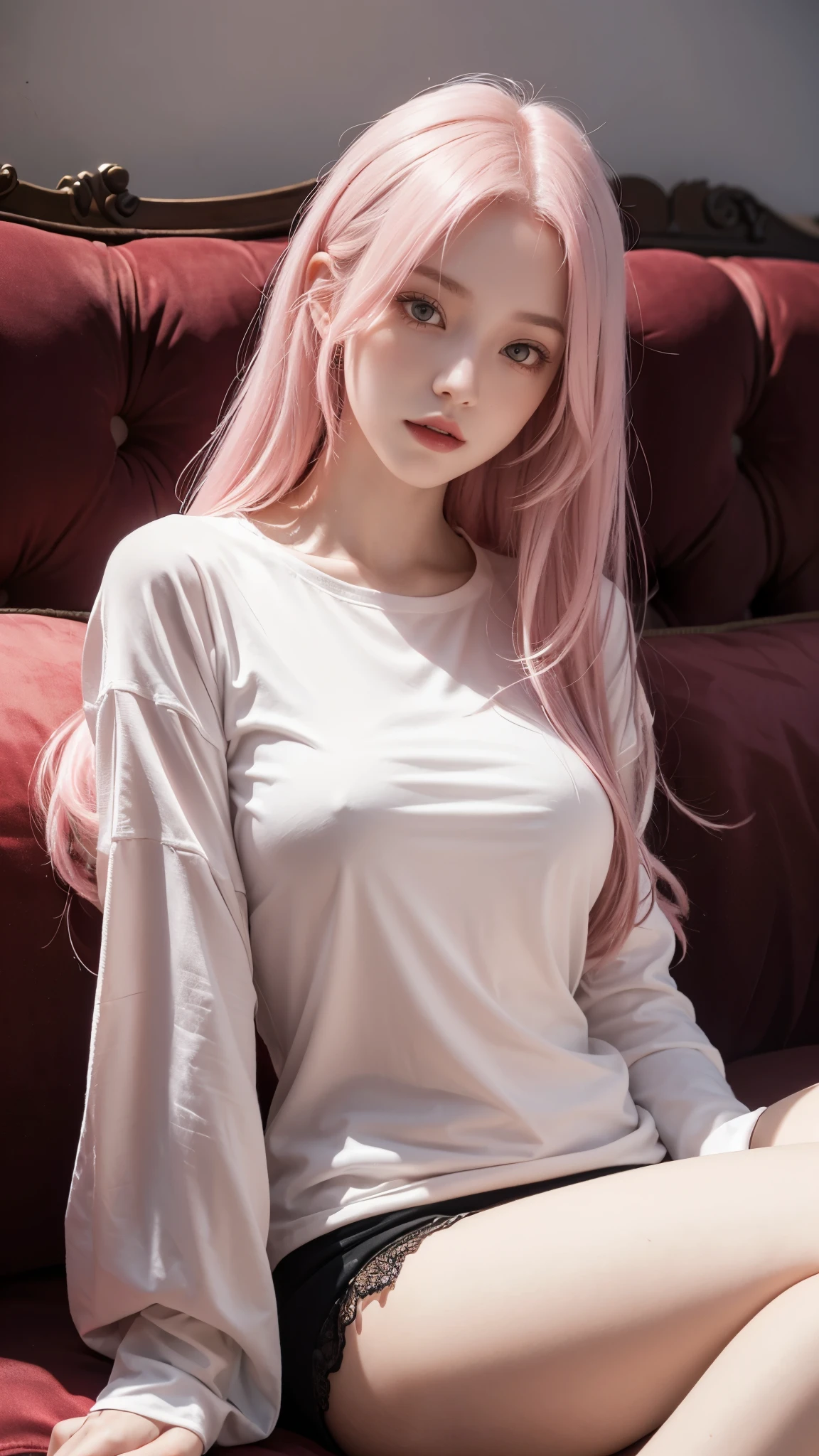 high quality, best detailed light and shadow, 1girl, she has long light pink hair and pale skin with beautiful face, dark red eyes, vampire girl, she's wearing oversize T-shirt, laying on the sofa sexy