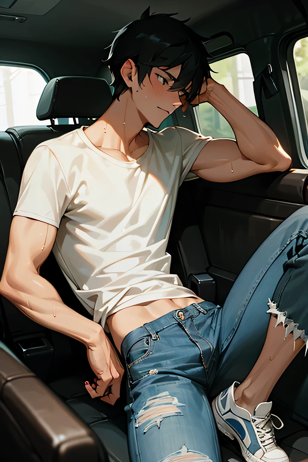 handsome manly short black hair caucasian male in tattered jeans and sneakers, shirtless, sweating profusely, drenched with sweat, exhausted, panting, inside the car