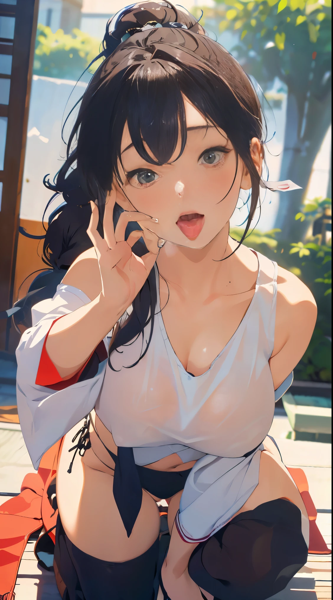 sex friend,blowjob pose、Close one eye, tilt your head up, and open your mouth、Very beautiful Japanese women、high school girl、(((Wearing a small, thin tank top)))、Nice style、((Big Breasts、Rocket-shaped、areola is pointed,))、ponytail、Detailed depiction of a long tongue、Detailed depiction of fingers gripping peniaximum number of pixels、Ultra-realistic photorealistic image quality、Excited and happy expression、((Close-up of face))、((Biologically correct finger structure))、((The lower body is only panties))