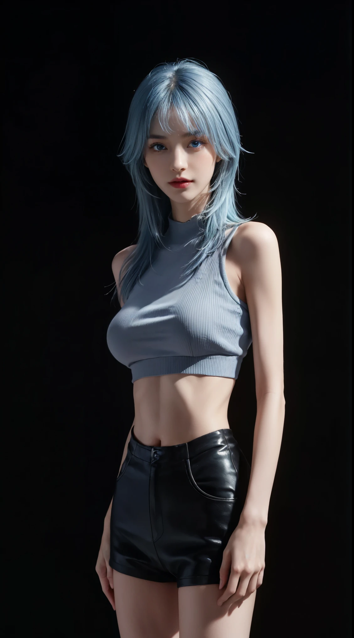 8K, Top Quality, Intricate Details, Ua8K, Top Quality, Intricate Details, Ultra Detail, Ultra High Resolution, Masterpiece, close up shot, (full body: 1.1), Slender, Smile, (Makeup: 0.4), (Fluffy Blue Eyes: 1.21), ((full body)), 1girl, solo, 1 girl, ((blue hair, bangs, long hair)), close up shot, , ((tall)), (((fit body))), (((slim face))), sharp face, (( )) (detailed face), sharp face, small lips, , , ,dynamic pose, standing,
((, crop top )), , ((,)), detailed face, detailed breast, , ((large breast, )), detail ass, Narrow Waist, Skinny, tall , 175 cm tall, Muscular, Navel, Exposed Abdomen, Pointed Chest,, Beautiful girl with accentuated slender abs: 1.4, Six Pack Abs: 1.4, Bust Botox, Big, Perfect Body, detail leg, (( dark background)), black background,