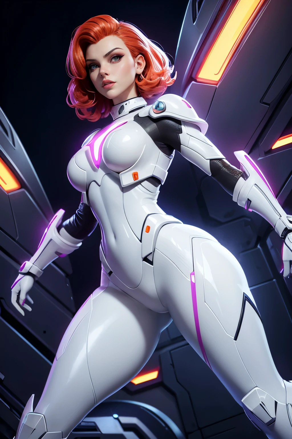 Scarlett Johansson on an alien planet, pelo rizado rojo brillante, Aesthetics of the female body, glowing cyber armor, inserciones de color blanco brillante y naranja en la armadura, white plastic liners, shiny plastic armor pieces, huge plastic shoulder pads, muchos detalles, aparatos de espionaje colgados en la armadura, Glowing neon clues on the armor., super detail, luz nocturna tenue, ambiente acogedor, pose heroica, comic superhero, calidad 4K