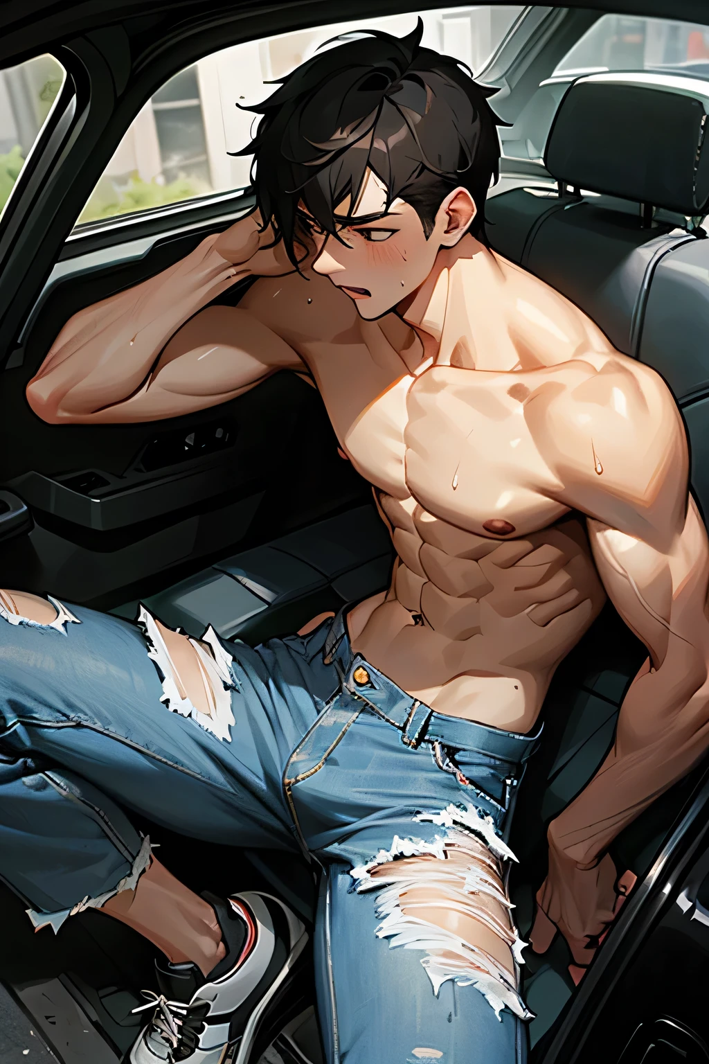 handsome manly short black hair caucasian male in tattered jeans and sneakers, shirtless, sweating profusely, drenched with sweat, exhausted, panting, inside the car