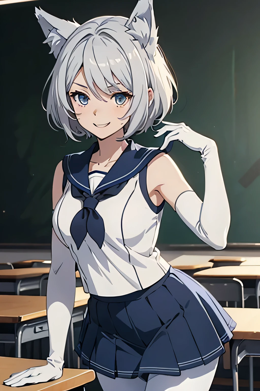 Tabletop Best image quality wonderful Attention to detail One Young Woman((Adult))Anime Style White Sailor Suit(Sleeveless) Navy blue mini skirt Pure white gloves(Elbow Gloves) White Pantyhose(Plain) Wolf Ears short hair((Shortcuts)(Gray Hair)(Curly Hair)(fluffy)) smile(Red cheeks)(Open your mouth) Eye color is blue background(classroom) Are standing