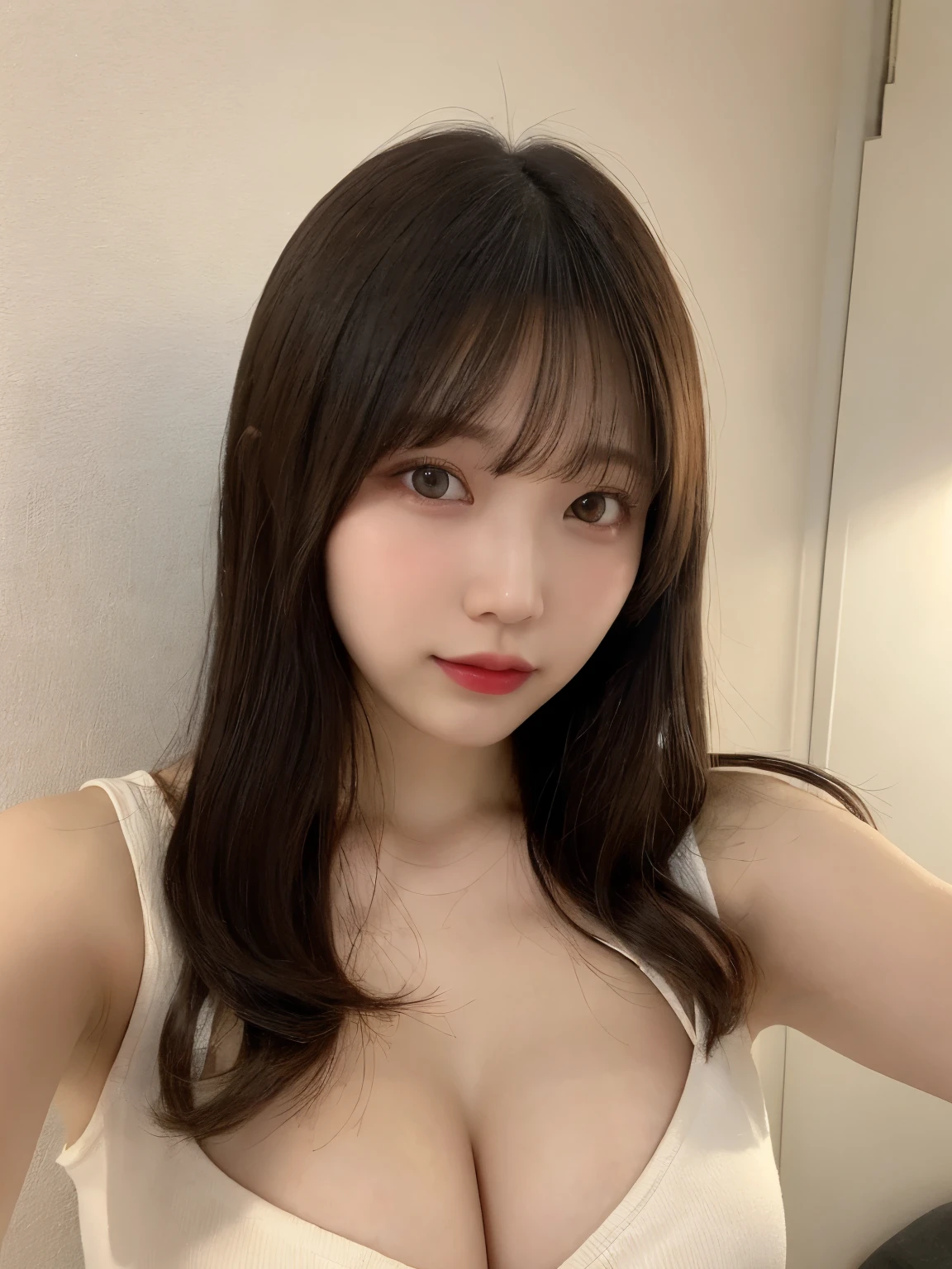 live-action、22 years old、The whole body is shown:1.2、muste piece, highest quality, super detailed, finely, High resolution, 8k wallpaper, perfect dynamic composition, i am a photographer, she is a model, detailed and beautiful eyes,I can see the nipples:1.2、I can see your breasts, long hair, big breasts, natural color lip, random sexy poses, Plain wall background,  selfie, sit down