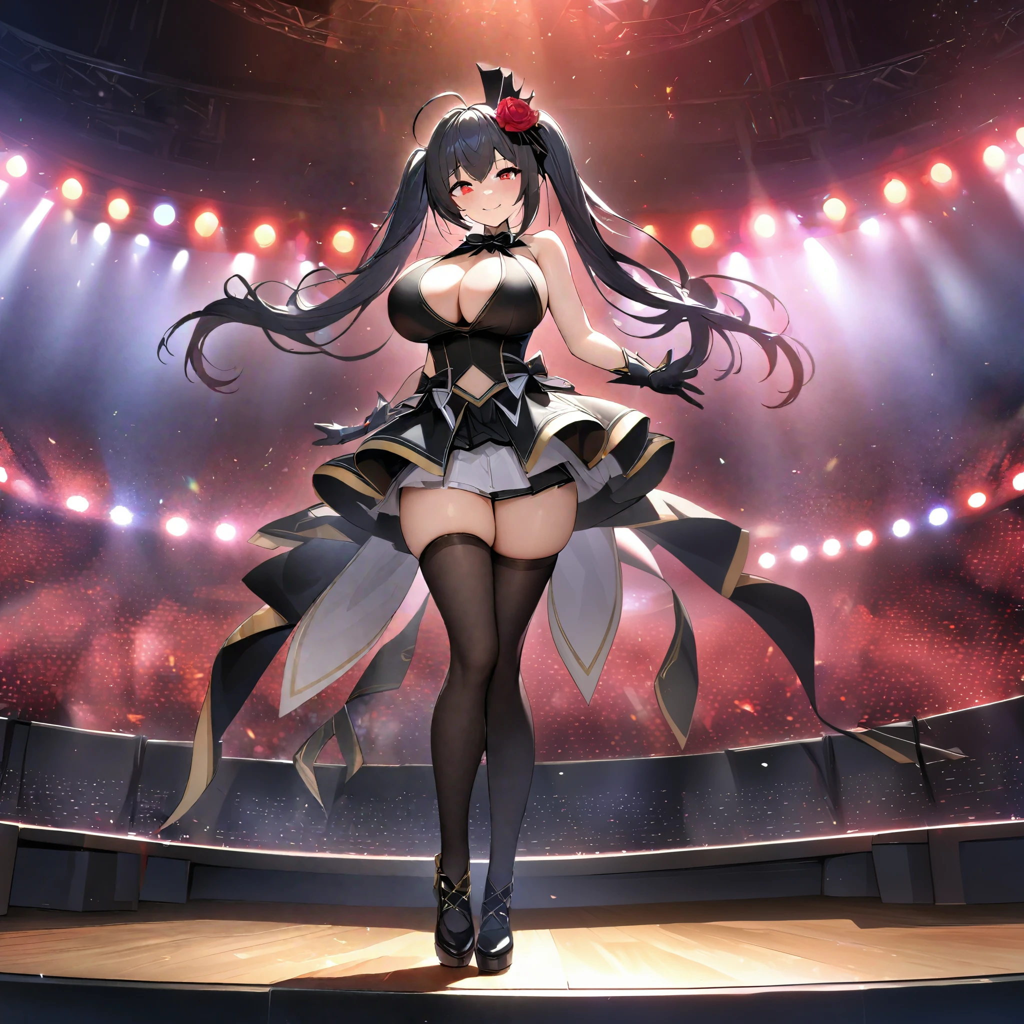 A woman wearing a black Idol uniform, empty shoulders, big breasts, long black hair, pigtails, red eyes, red rose in her hair, long black stockings, smiling on a music stage with red lights illuminating the place, full body.HDR, ultra resolution, well defined, masterpiece, 8K HD. (solo woman)