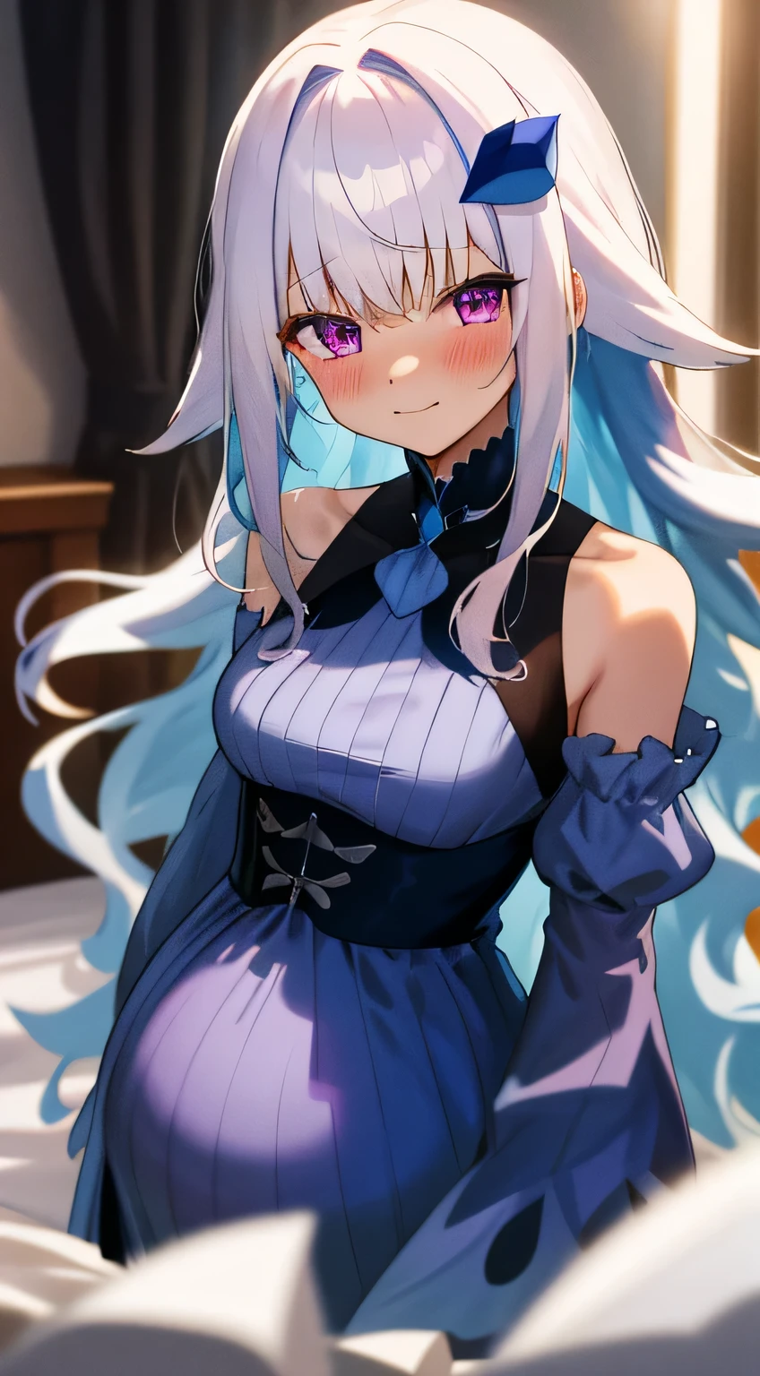 One girl with long wavy hair, bangs, white hair, blue inner hair:1.25) , purple eyes, looking at viewer , blushing, little smile, tears, blue dress, bare shoulders, indoor, bedroom, standing, dizzy, mid-chest, night atmosphere, hair ornament, medium breasts, upper body, focus, blurry background, pregnant