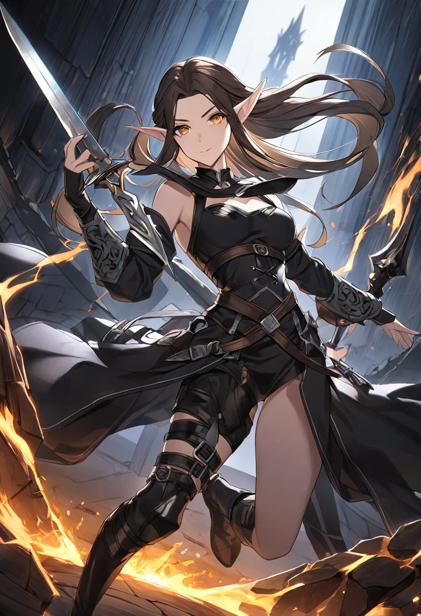 1 elf girl, medium length brunette hair with widows peak, dark yellow eyes, wearing assassin blacksmith fantasy clothing with heeled boots all black gray and white, holding dual black daggers, using darkness magic