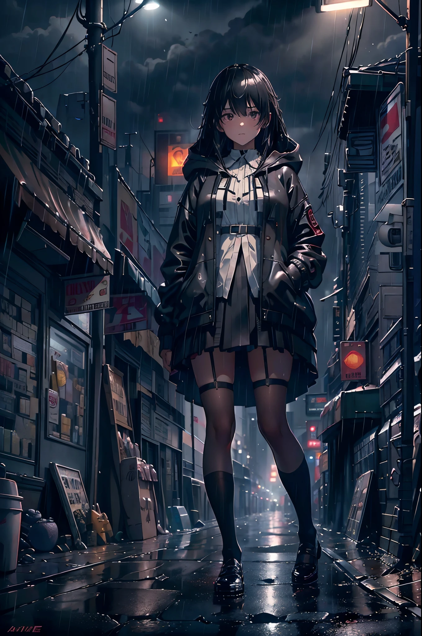 8K,tmasterpiece,Best quality,hyper-detailing,realistically,Extremely detailed face,movie lighting,ray traycing,unlit hair,
On cloudy streets,Corner store,foggy and heavy rain,A black man with long hair and black eyes,girl standing in the middle of the road,She was wearing a black convertible hooded jacket,White color blouse,Short black skirt and black garter belt,student shoes,Clothes soaked by rain,depth of fieldtent ),Cinema lens lighting,