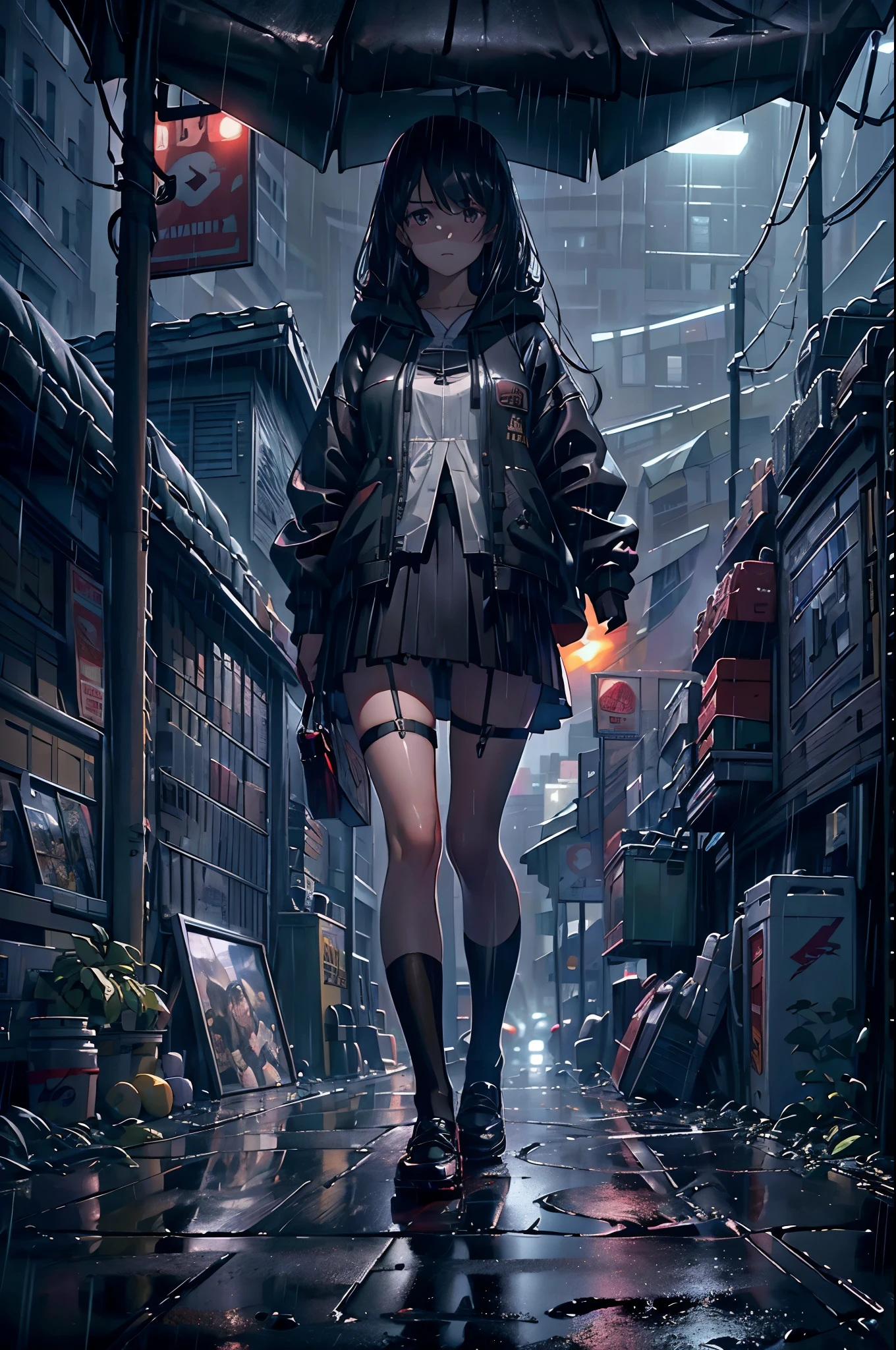 8K，tmasterpiece，Best quality，hyper-detailing，realistically，Extremely detailed face，movie lighting，ray traycing，unlit hair，
On cloudy streets，Corner store，foggy and heavy rain，A black man with long hair and black eyes，girl standing in the middle of the road，She was wearing a black convertible hooded jacket，White color blouse，Short black skirt and black garter belt，student shoes，Clothes soaked by rain，depth of fieldtent ），Cinema lens lighting，