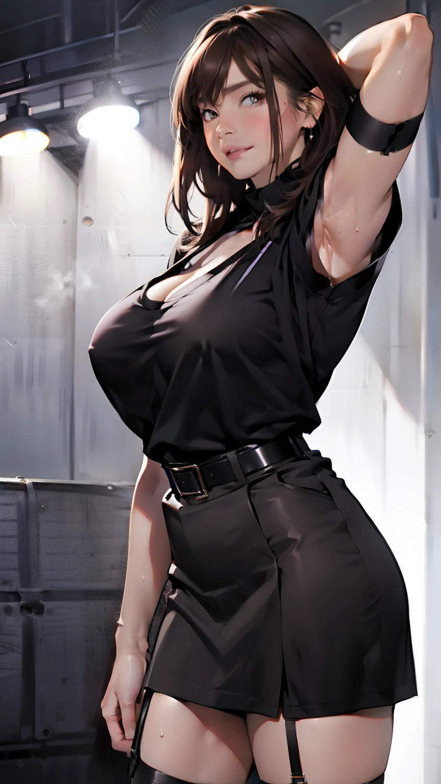 Black Skirt, Square neck shirt, Brown hair Gray eyes, Garter belt on the legs, Tight clothing, 　　 internal　Armpit sweat　　Dark look　huge 、Big Breasts、Cleavage、Thighs