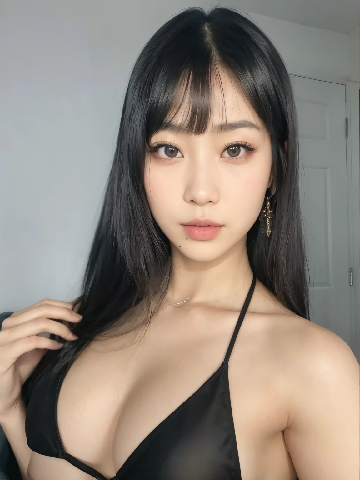 araffed asian woman in a black bra top posing for a picture, asian girl, beautiful asian girl, asian features, asian women, asian female, asian face, an asian woman, she has black hair with bangs, sexy face with full makeup, asian woman, beautiful asian woman, asian nymph bald goddess, half asian, detailed face of a asian girl