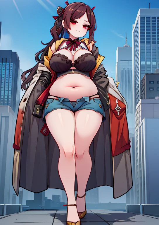 (masterpiece, best quality, highly detailed), 1girls, big belly, huge belly, art by kipteitei, round belly, chubby, curvy, belly grab, enormous belly, fat belly, thicc, bigger belly, really big belly, jiggly belly, glasses, unzipped jacket, (no shirt), bra, thight shorts, high heels, smug face ((full body)), long hair, (dominant), giantess