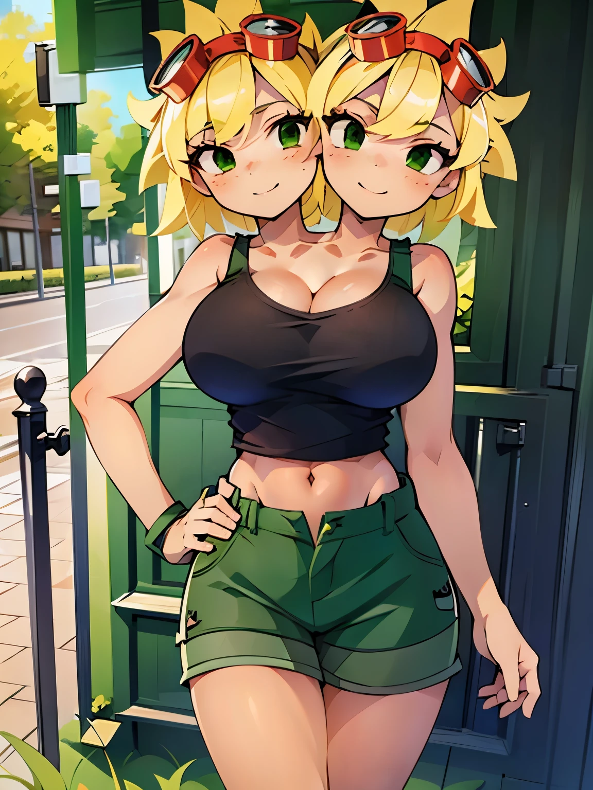 best quality, (masterpiece),(ultra-detailed), (high quality), (high resolution), ((2heads:1.5)), best quality:1.5, highres, UHD, 16K), smiling, highres, masterpiece, (blonde hair), (cleavage), (black tank top), medium long hair, ((green denim shorts:1.5)), lustrous and smooth skin, (mature woman), (black eyes), (cute face), (exposed midriff), seductive silhouette, ((slim hips)), casual dress, sexy proportions, young girl with accentuated slender abs, long legs, seductive woman, lustrous woman, (large breasts), detailed eyes, ((suburban front yard))