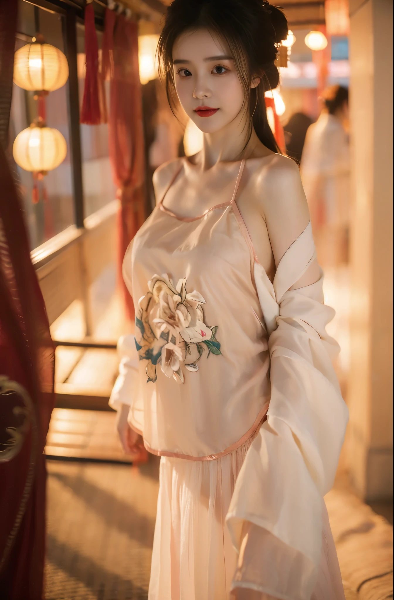 1 girl,(best quality, masterpiece:1.2), Super detailed,Solo selfie,off shoulder dress,Chinese Princess, (Pink belly pocket) ( Hanfu:1.3, ),Vision,Background Bokeh