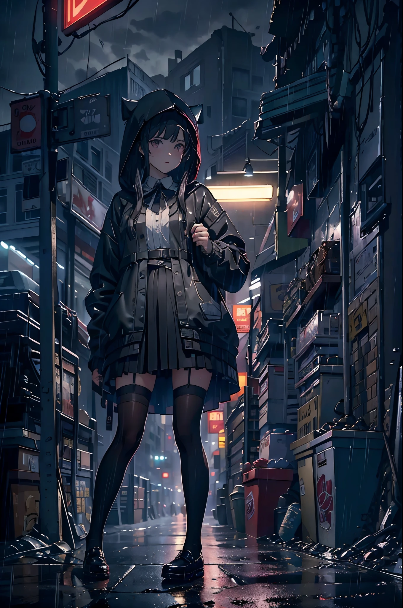 8K,tmasterpiece,Best quality,hyper-detailing,realistically,Extremely detailed face,movie lighting,ray traycing,unlit hair,
On cloudy streets,Corner store,foggy and heavy rain,A black man with long hair and black eyes,girl standing in the middle of the road,She was wearing a black convertible hooded jacket,White color blouse,Short black skirt and black garter belt,student shoes,Clothes soaked by rain,depth of fieldtent ),Cinema lens lighting,
