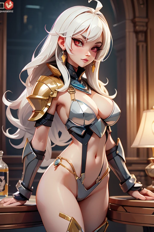 sexy woman, bikini plate armor, seductive pose, seductive face, horny, white hair, red eyes, pale skin