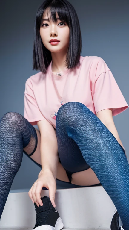 (masterpiece, highest quality: 1.4), Detailed Background, black hair, Japanese Blonde, Joyful look , Japanese beauty , 30th Generation , Oval Face , long hair , Eyebrows that are just the right thickness and slightly long , Large, long, cut eyes , Nasal nose , A slightly larger mouth with upturned corners , Pink lipstick , Fair skin , A shirt with a wide open chest , Hot pants and black tights , Blue sneakers , tall , 8k, super detail, textured skin, super detail, masterpiece