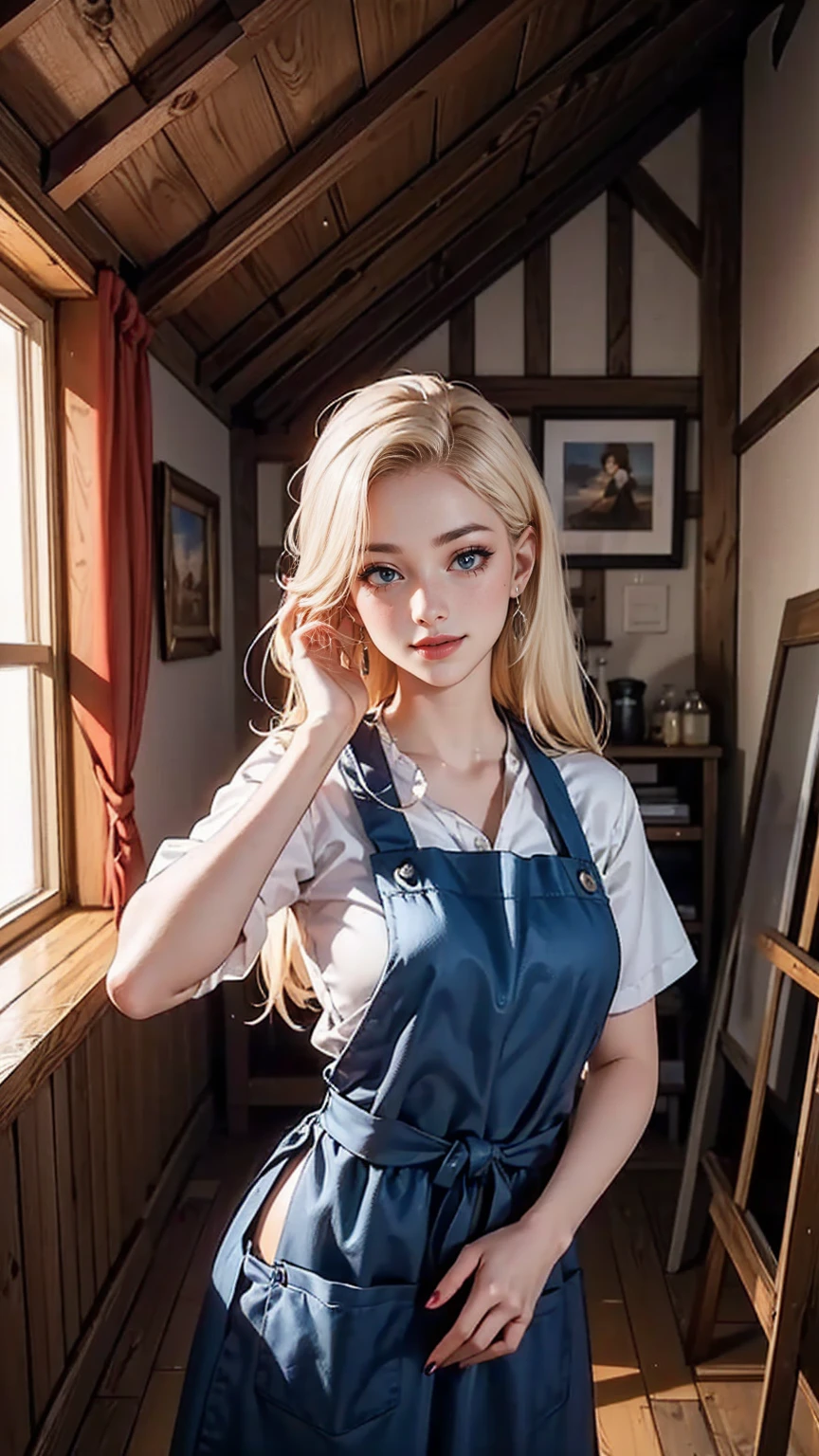 ((最high quality, 8K, masterpiece: 1.3, Ultra HD, high quality, 最high quality, High resolution, realism)) 、25-year-old Caucasian female、Platinum Blonde、blue eyes、long hair、smile、slender、A voluptuous, feminine body、I want my head to stay off screen、Wear accessories on your wrist、Wearing red nail polish、I have a peticure、I'm in the attic of a wooden building in Paris with exposed beams.、canvas hangs on easel、I'm painting an oil painting、is a painter、Wearing an apron stained with paint
