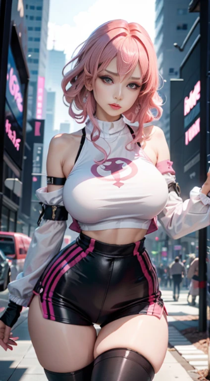 Beautiful woman,1个Giant Breast Girl,pink haired woman,Fighting posture,black pantyhoses,black glove,Sports bra,jewely,shorter pants,J thighs。Pink hair,drill bit,Asymmetrical hair,Wear gold and silver