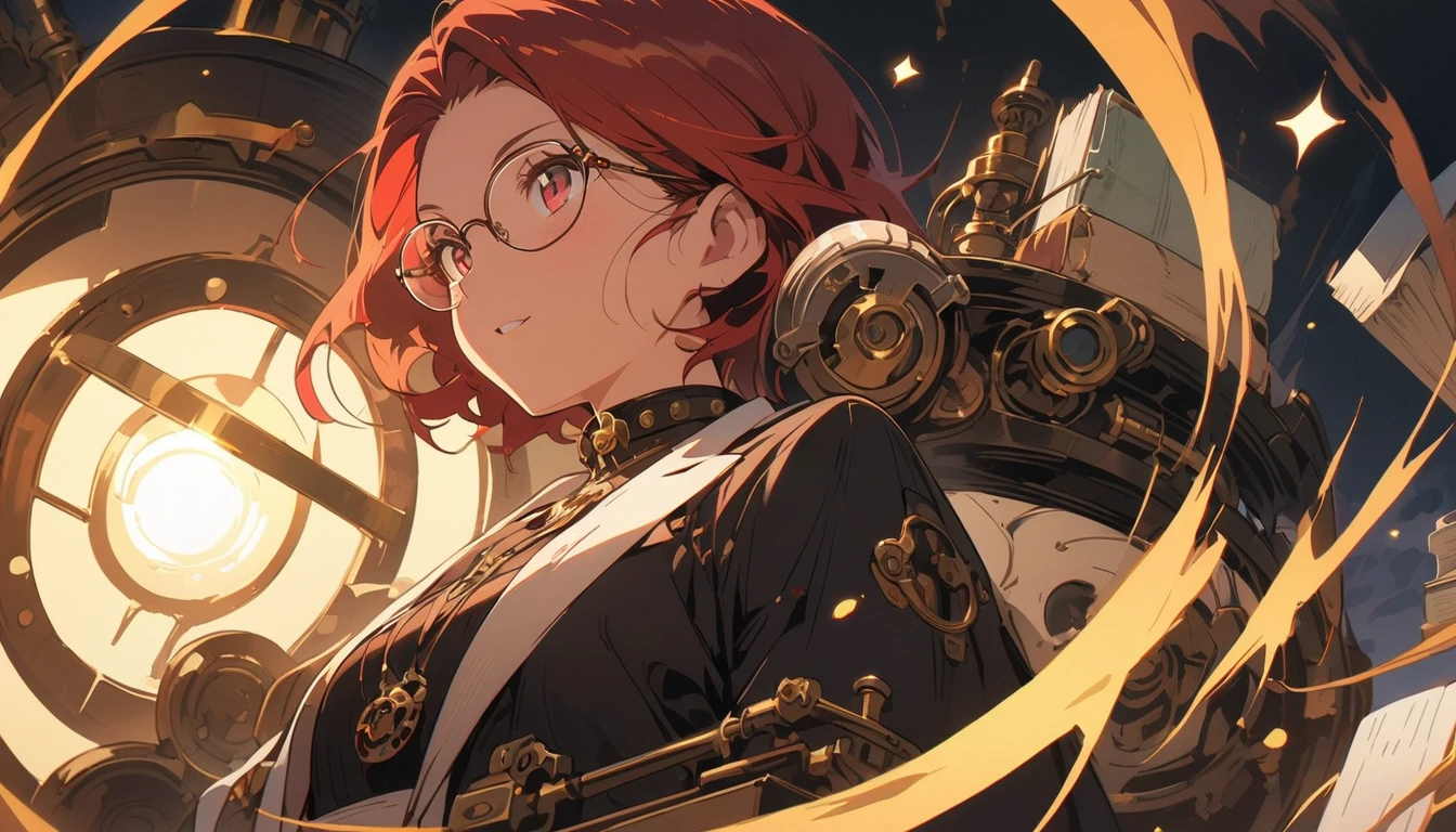 (top quality, masterpiece, high resolution, detailed), anime style, flat style, (shining eyes, detailed beautiful face), BREAK, (one girl, glasses), (scientific researcher, inventor), working in lab with tons of books and machine parts, steampunk, dynamic angles, anime