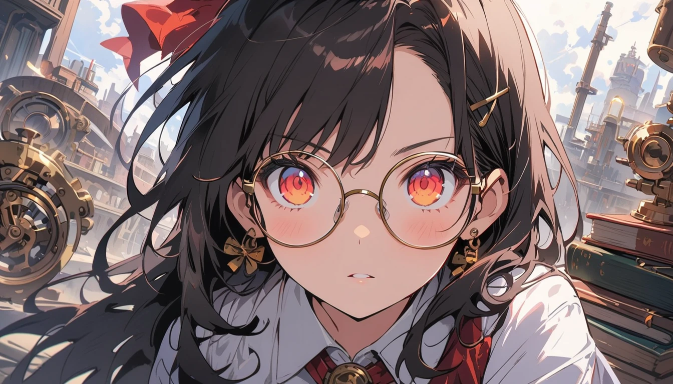 (top quality, masterpiece, high resolution, detailed), anime style, flat style, (shining eyes, detailed beautiful face), BREAK, (one girl, glasses), (scientific researcher, inventor), working in lab with tons of books and machine parts, steampunk, dynamic angles, anime