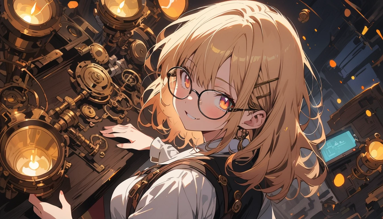 (top quality, masterpiece, high resolution, detailed), anime style, flat style, (shining eyes, detailed beautiful face), BREAK, (one girl, glasses), (scientific researcher, inventor), working in lab with tons of books and machine parts, steampunk, dynamic angles, anime