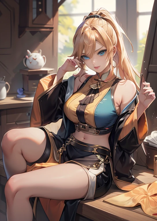 best quality, realism, real, photo: 1.4), Ji Xiaoman, Blond, blue eyes, big breasts, shirt, thick legs, sexy pose, real, photo"