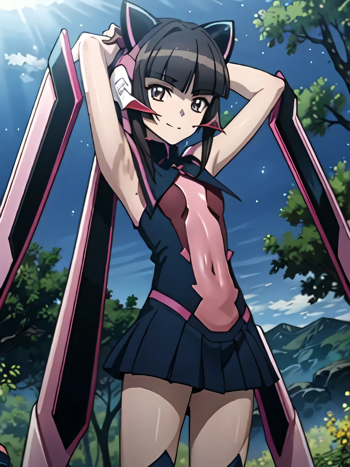 best quality, extremely detailed cg, (twintails:1.2), shulshagana, shirabe, looking at viewer, solo, night sky, forest, arms behind head, contrapposto, spread armpits, closed mouth, smile, (cowboy shot:1.5), depth of field,