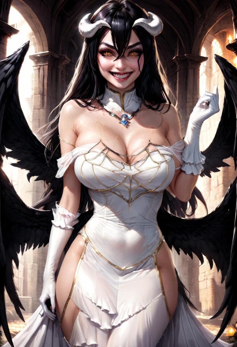 masterpiece, best quality, highres, al1, demon horns, slit pupils, white gloves, white dress, bare shoulders, detached collar, cleavage, black wings, feathered wings, low wings, cowboy shot, standing, dungeon, evil smile, reaching out, 