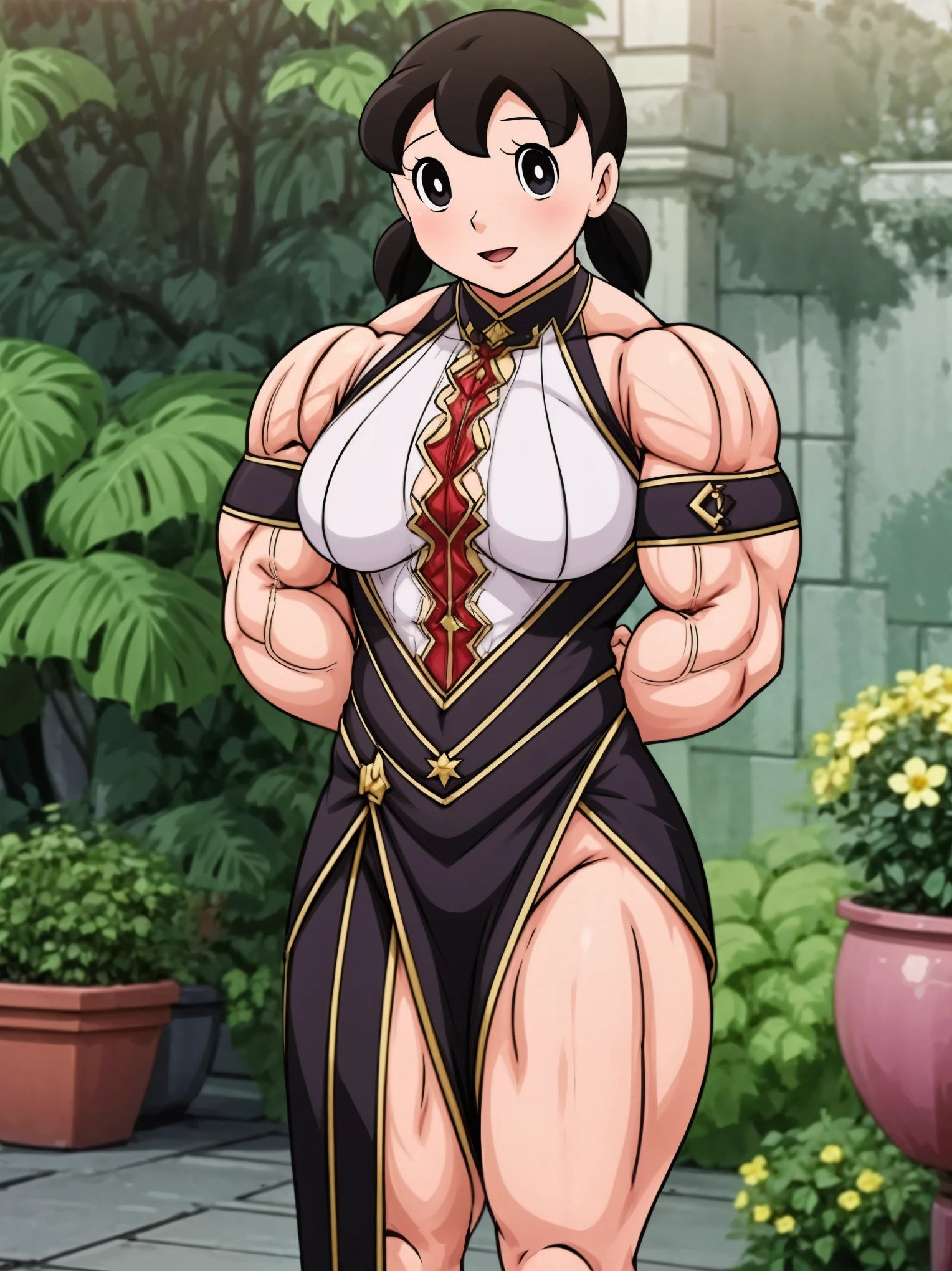 In a beautiful countryside, under the warm sunlight, stands Shizuka Minamoto, a big muscular female bodybuilder. Her toned muscles glisten with sweat as she confidently poses in front of a blooming garden. Her body is a masterpiece of strength and determination, adorned with bulging biceps, defined six-pack abs, and powerful legs. Shizuka's eyes sparkle with determination and focus, while her lips form a determined smile. Her long eyelashes add to her overall beauty and charm. The artwork depicts Shizuka in a hyper-realistic style, resembling a high-resolution photograph. Every detail of her physique is captured with extreme precision, showcasing the dedication and hard work she has put into her training. The lighting in the scene highlights her muscular contours, creating a visually striking composition. The garden surrounding Shizuka is filled with vibrant colors, with flowers of various hues and shades. The lush green grass provides a natural and refreshing backdrop. The scene is bathed in warm, golden sunlight, casting soft, cascading shadows across the landscape. The overall color tone of the image is vivid and vibrant, enhancing the energetic atmosphere. The medium used to create this artwork is a combination of traditional illustration and digital painting techniques. The fine details and textures of Shizuka's muscles are painstakingly hand-drawn, while the background and foliage are digitally rendered for a realistic and immersive experience. The result is a visually stunning artwork that showcases the beauty and strength of the human body. In summary, the Stable Diffusion prompt for this artwork is: Shizuka Minamoto, big muscular female bodybuilder, beautiful countryside, confident pose, bulging biceps, defined abs, powerful legs, determined eyes and lips, long eyelashes, hyper-realistic, high-resolution, vibrant colors, warm sunlight, detailed muscles, traditional illustration combined with digital painting, realistic foliage, vivid and vibrant color t