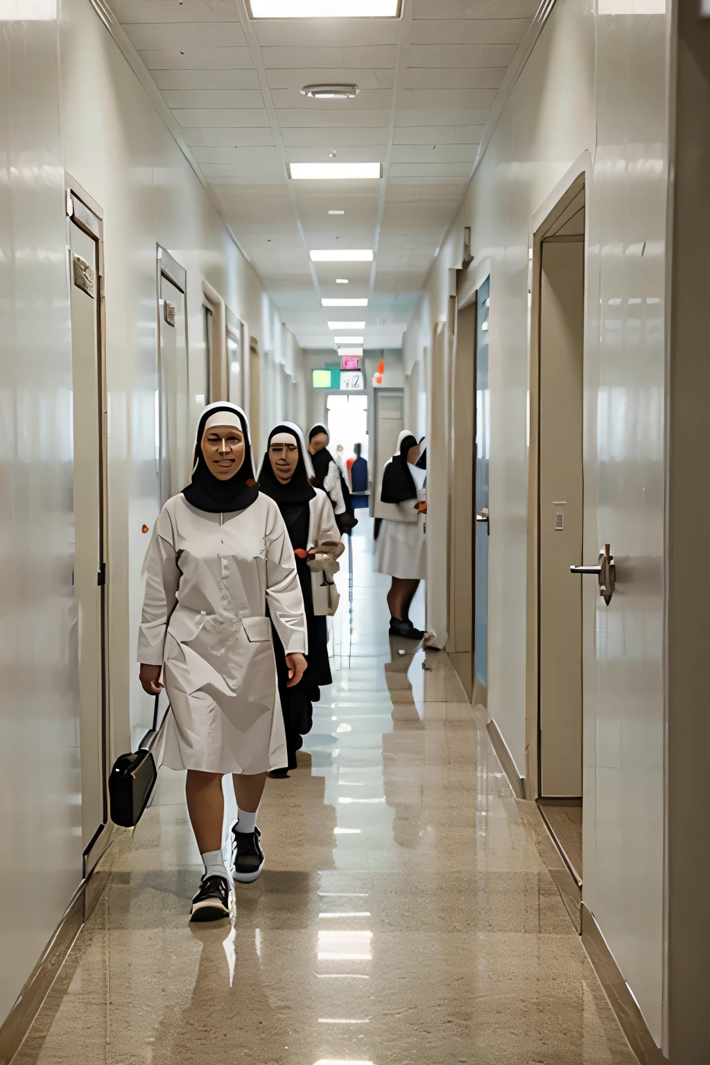 a group of nuns walking down a hospital corridor