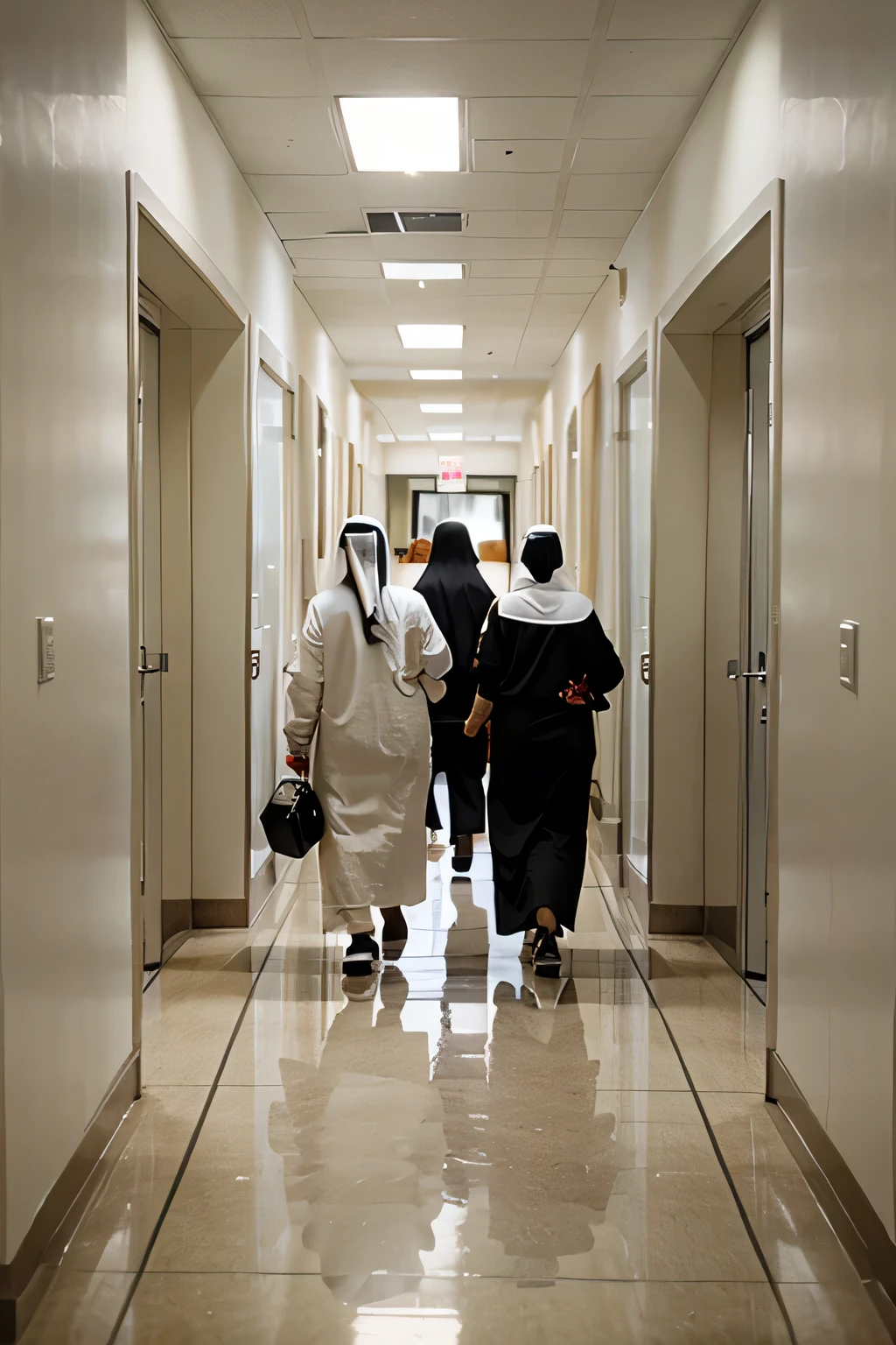 a group of nuns walking down a hospital corridor