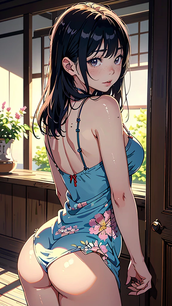 masterpiece, highest quality, (Highly detailed CG Unity 8k wallpaper), (highest quality), (Best illustrations), (Best Shadow), Confused, Realistic lighting, (abyss), Beautiful and delicate shine,Random Pause,((Shiny Silk,Camisole dress with gorgeous details,Floral)),Cute freckles on the cheeks,Mole under left eye, Sunburn mark, Japanese Model, Young sensual gravure idol, yasumoto oka, A real young gravure idol, A woman who is shy when the camera is pointed at her,赤くなったSunburn mark,Embarrassing,avert your eyes,Attractive buttocks,Cowboy Shot,Looking back,Beautiful spine,Emphasis buttocks,