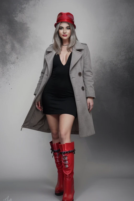Full body portrait of A young woman with piercing yellow eyes, a sleek gray coat, and a sly predatory smile. She wears a wide-brimmed red hat, silver hair tumbling down, and (((tall red boots))). Her eyes are accentuated with smokey eye makeup. This striking image is a mesmerizing painting that captures the mysterious allure of the woman's predatory features. Every detail is skillfully rendered, from the intensity of her gaze to the subtle hint of danger in her smile. The high quality of this image immerses viewers in a world where beauty and ferocity coexist.
