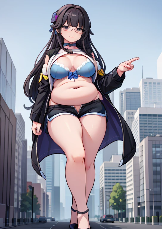 (masterpiece, best quality, highly detailed), 1girls, big belly, huge belly, art by kipteitei, round belly, chubby, curvy, belly grab, enormous belly, fat belly, thicc, bigger belly, really big belly, jiggly belly, glasses, unzipped jacket, (no shirt), bra, thight shorts, high heels, smug face ((full body)), long hair, ((dominant)), giantess