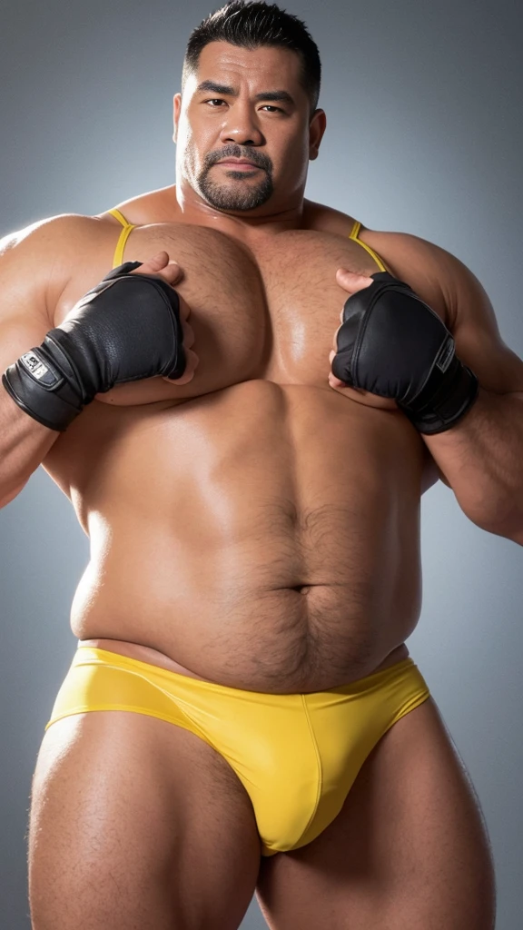 black hair, middle-aged man, individual, male, Muscular wrestler, muscular, Stout wrestler, Asian, Japanese, uncle, 55 year old middle-aged man, short hair, short hair, yellow wrestling boots, full body portrait, shadow, Vision, yellow briefs, obesity, 45 years old, short beard, middle-aged man, tattoo, fingerless gloves, Wheat skin, shiny skin, dark skin, Show your pectoral muscles, sumo wrestler, bodybuilder, wide temples, Visible abdominal muscles, Smile, Fine hands, solid color background, pure white background, Surrealism, Panorama, 8k, super detail,