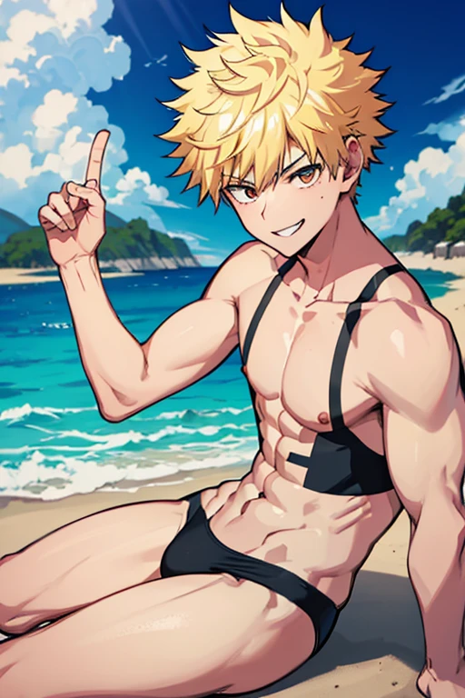 Chico, joven, musculoso, fornido, espalda ancha, rubio, bakugo katsuki, ojos rojos, nadador, swimsuit, sppedo, apretado, mojado, piscina, sensual. HD, full color, detallado, obra maestra, masculino, varonil, bulto rostro detallado, hombre , pecho desnudo, cuclillas, vista desde abajo, viendo a la camara, sonrisa, lengua.